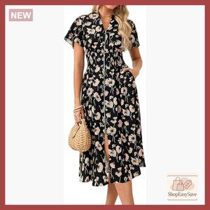 Summer Maxi Dress Floral Boho Flowy Casual Long Zipper with Pockets